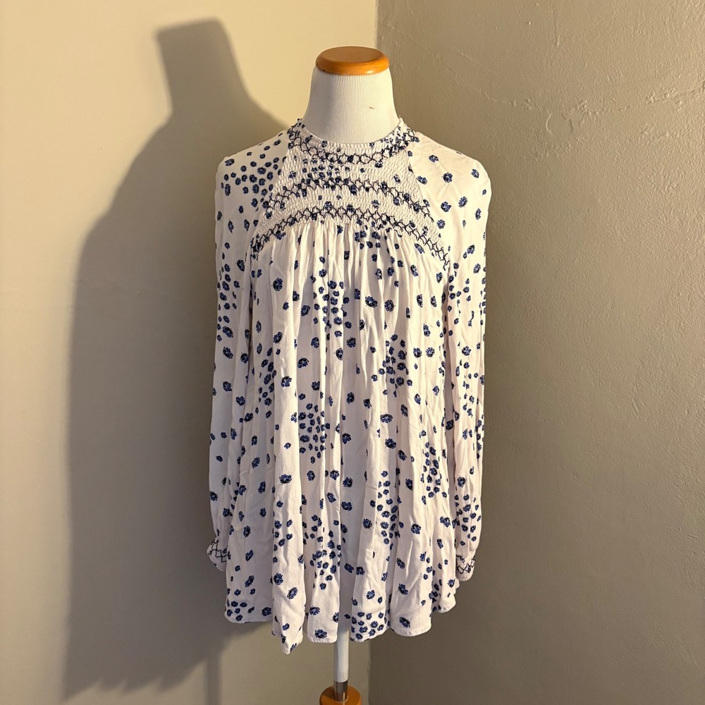 Free People Blue Floral Smocked Long Sleeve Tunic Top Cream Small